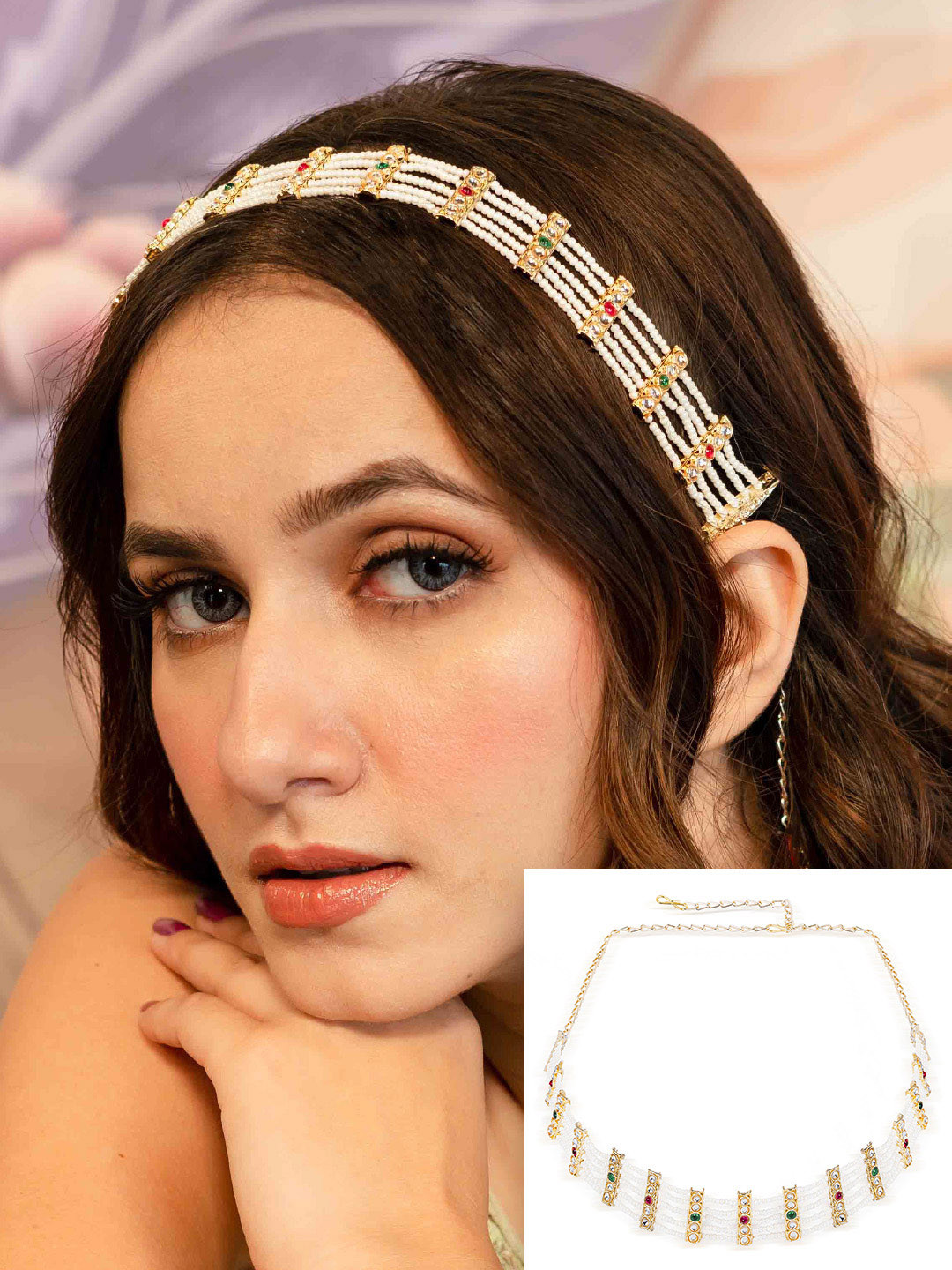 

HAIR DRAMA CO. Women White & Red Gold Plated Embellished Hairband