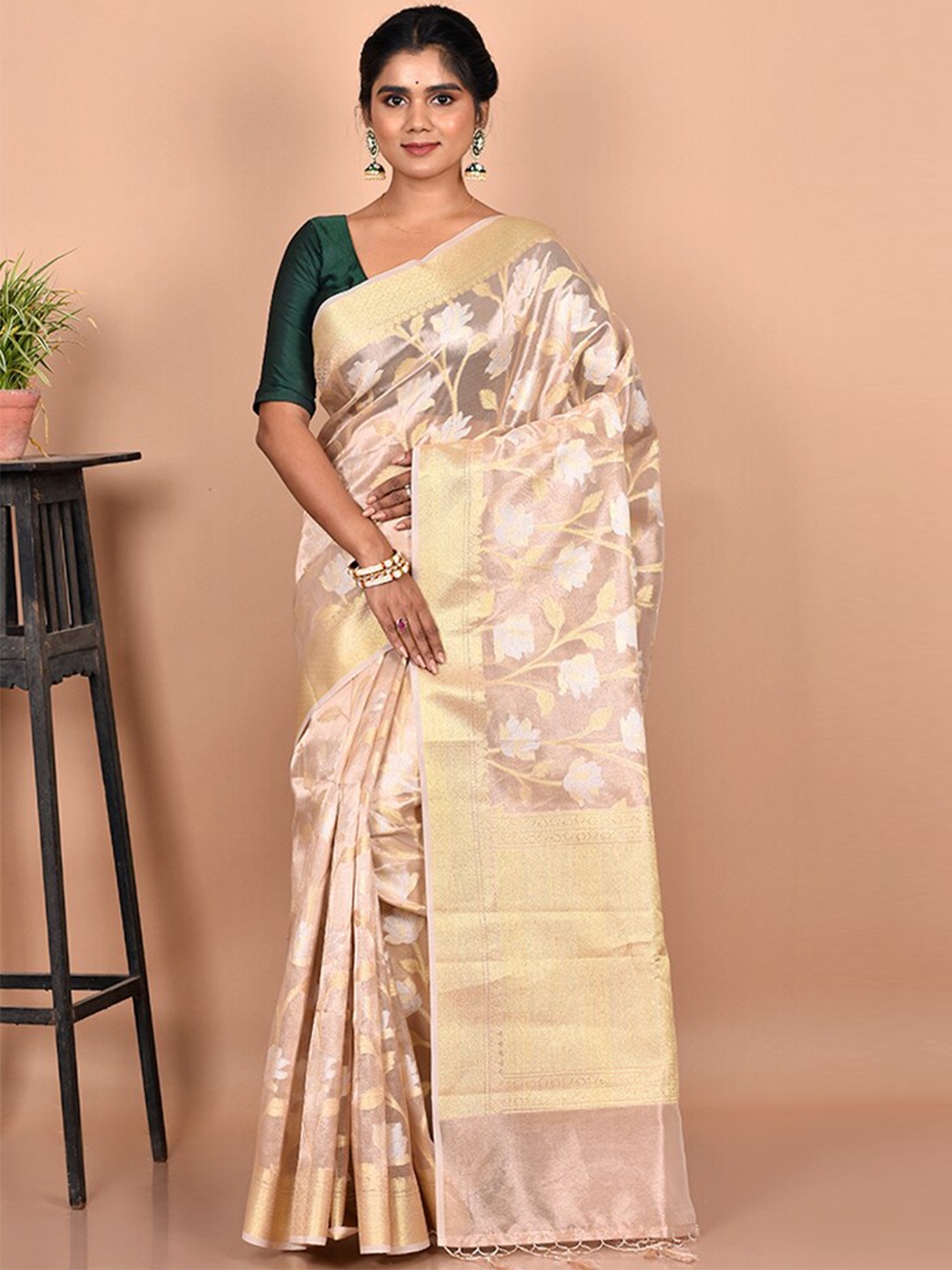 

AllSilks Cream-Coloured & Gold-Toned Floral Zari Pure Silk Murshidabad silk Saree