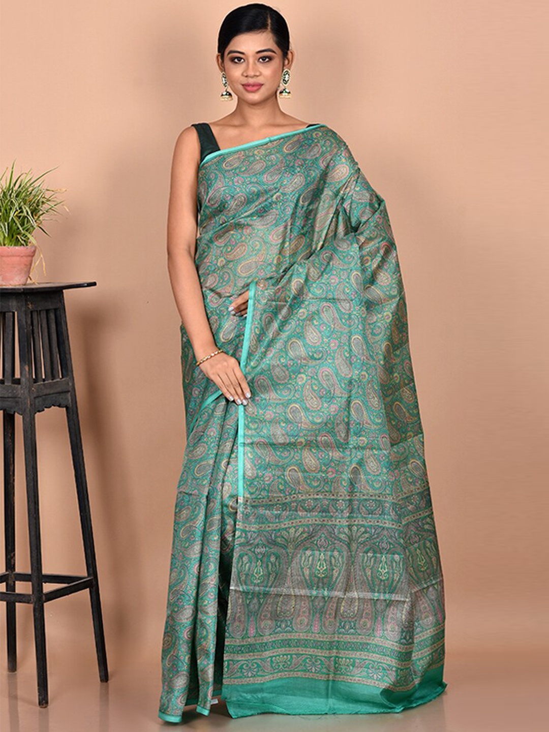 

AllSilks Green & Pink Paisley Pure Silk Murshidabad silk Saree