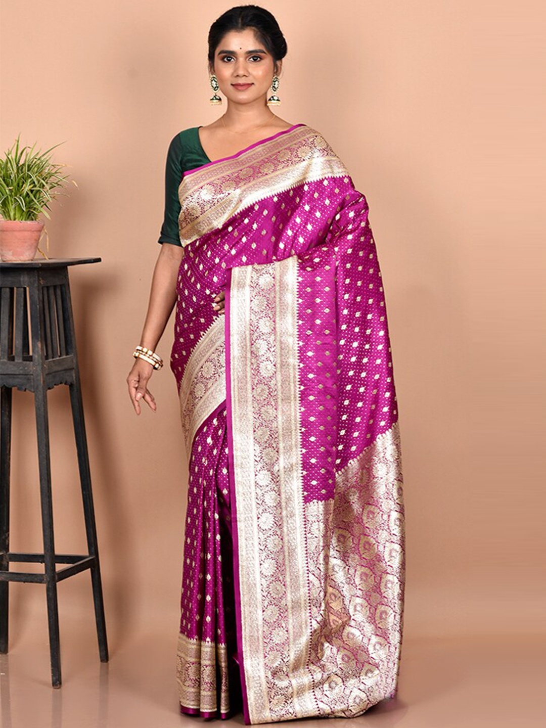 

AllSilks Purple & Gold-Toned Ethnic Motif Zari Silk Blend Banarasi Saree
