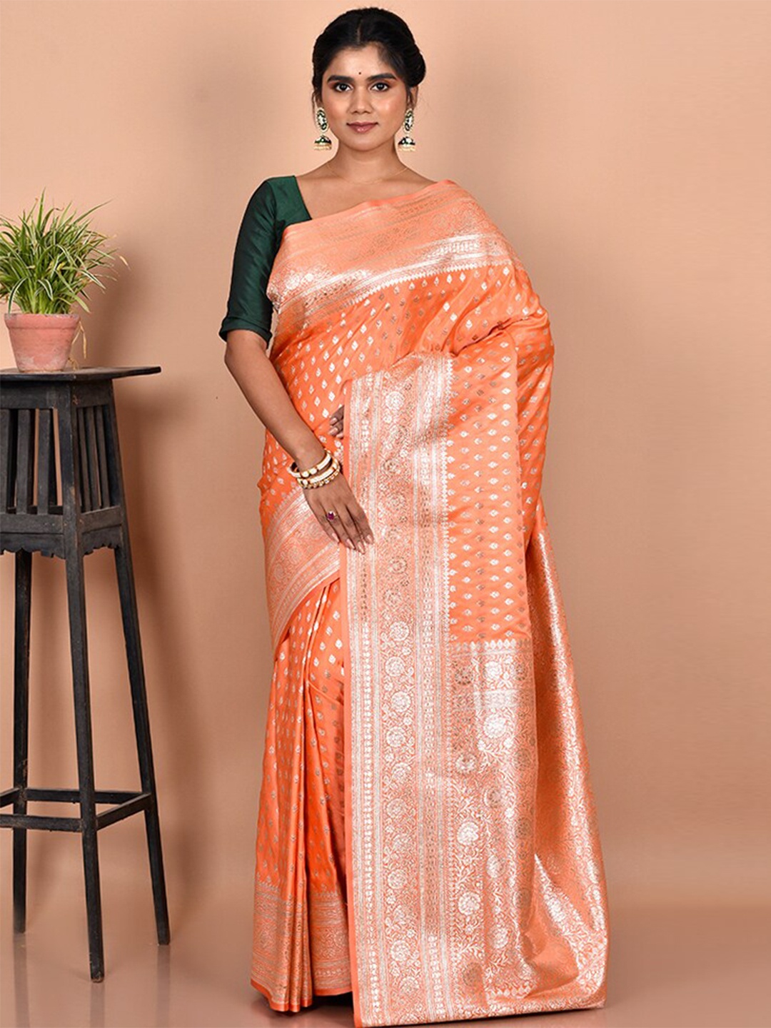 

AllSilks Orange & Silver-Toned Ethnic Motifs Zari Silk Blend Banarasi Saree