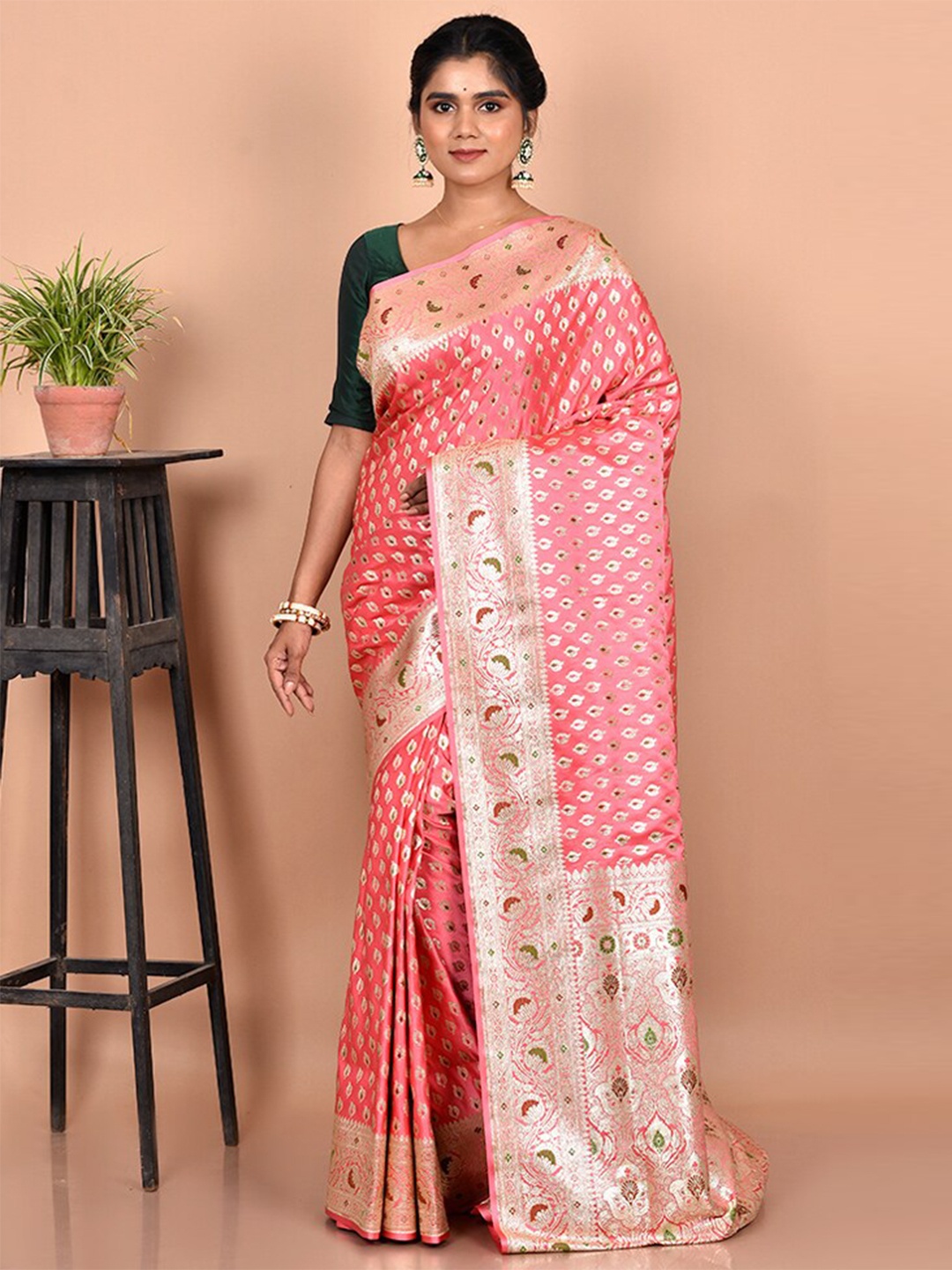 

AllSilks Pink & Blue Ethnic Motifs Zari Silk Blend Banarasi Saree
