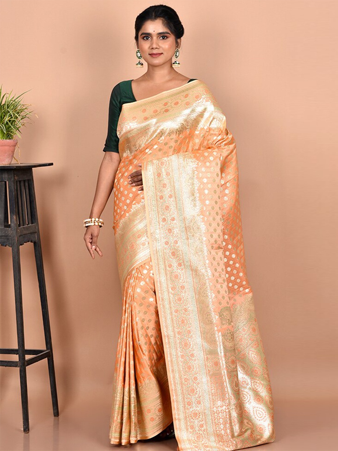 

AllSilks Orange & Gold-Toned Ethnic Motifs Zari Silk Blend Banarasi Saree