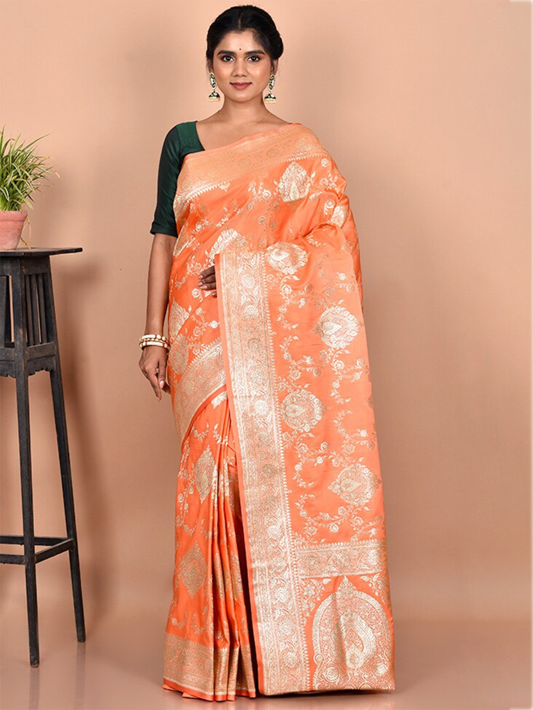 

AllSilks Orange & Gold-Toned Ethnic Motifs Zari Silk Blend Banarasi Saree