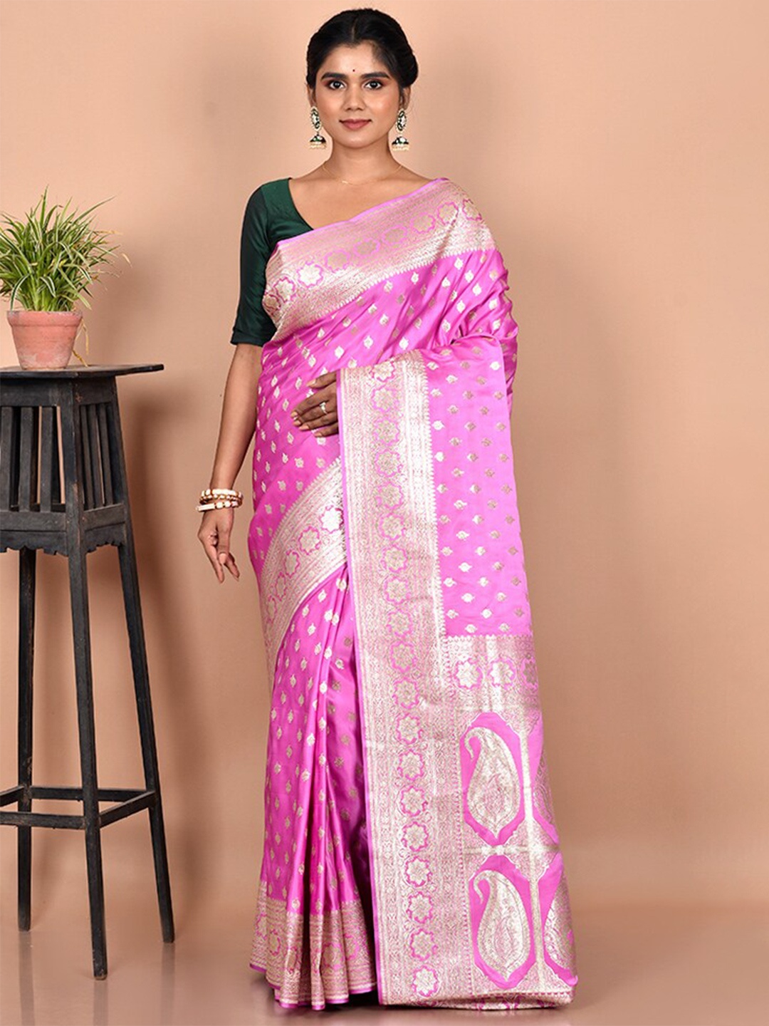 

AllSilks Pink & Silver-Toned Ethnic Motif Zari Silk Blend Banarasi Saree