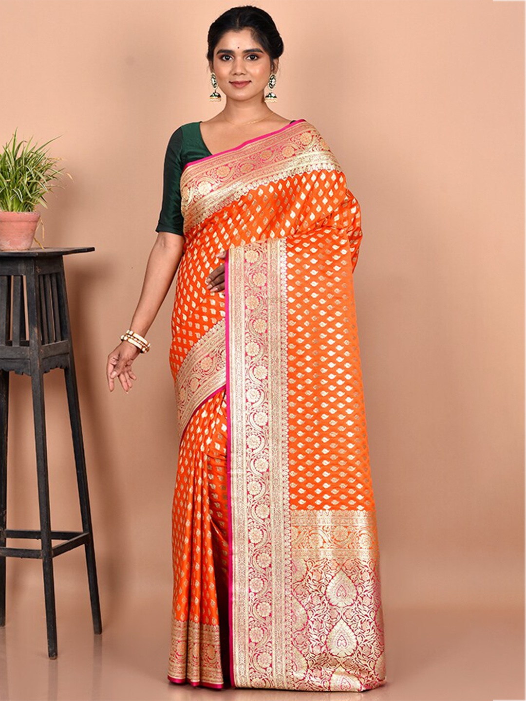 

AllSilks Orange & Gold-Toned Ethnic Motif Zari Silk Blend Banarasi Saree
