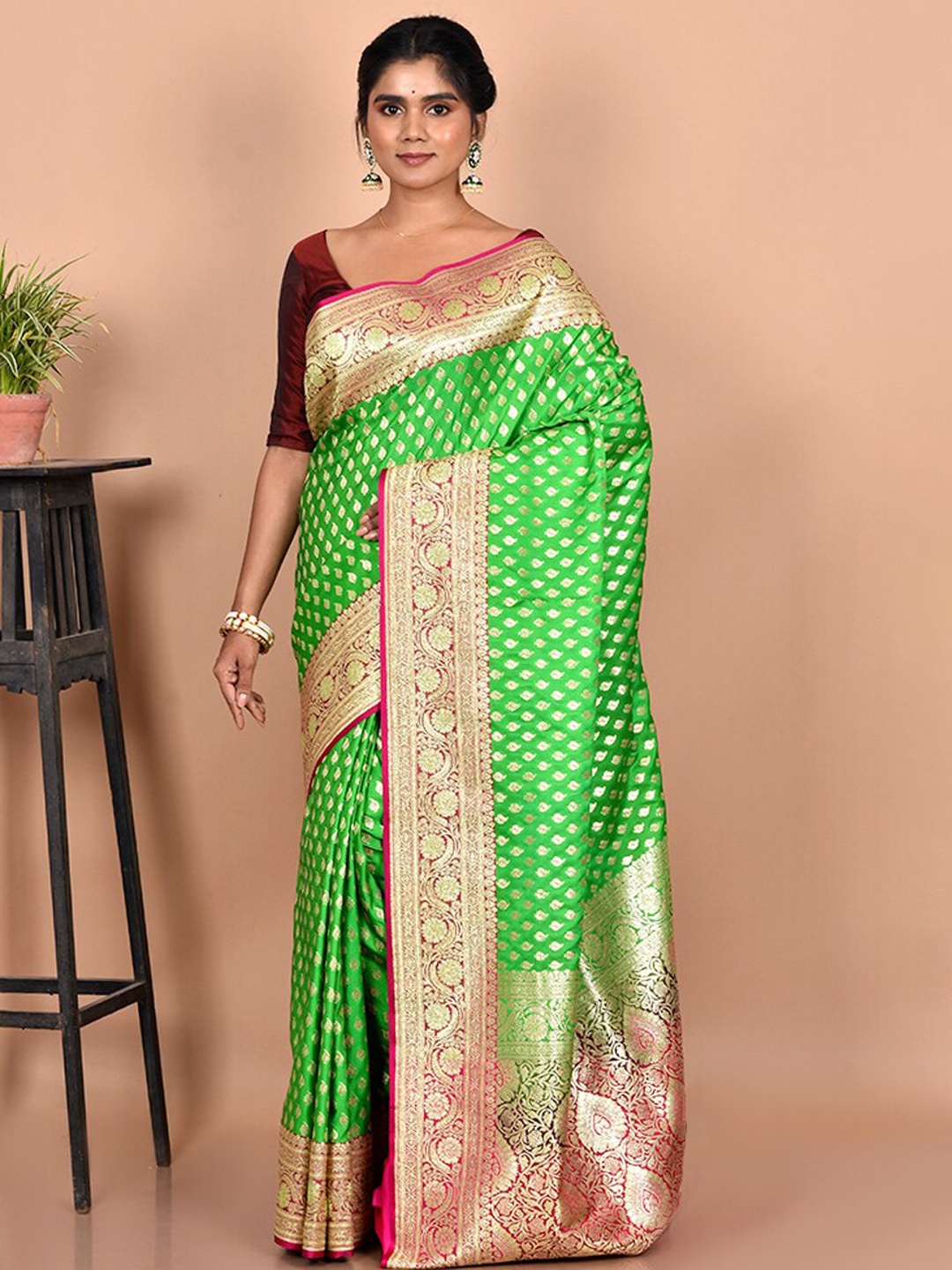 

AllSilks Green & Pink Ethnic Motif Zari Silk Blend Banarasi Saree
