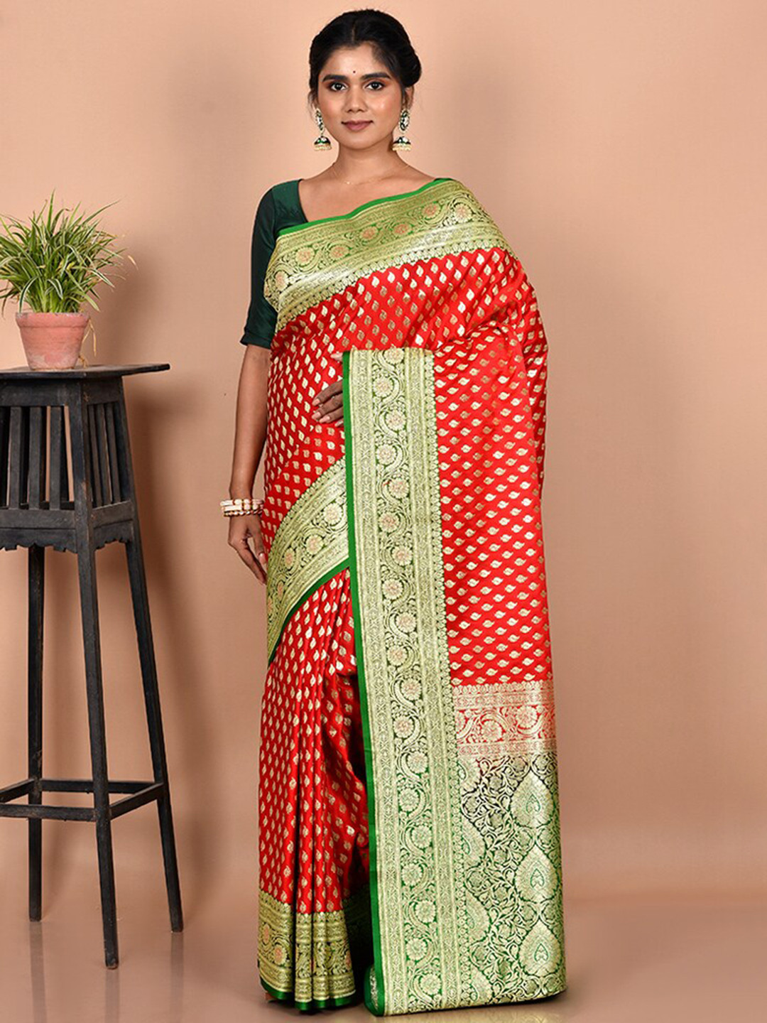 

AllSilks Red & Green Ethnic Motif Zari Silk Blend Banarasi Saree