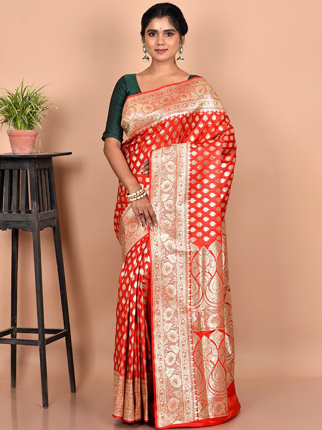 

AllSilks Red & Gold-Toned Ethnic Motif Zari Silk Blend Banarasi Saree