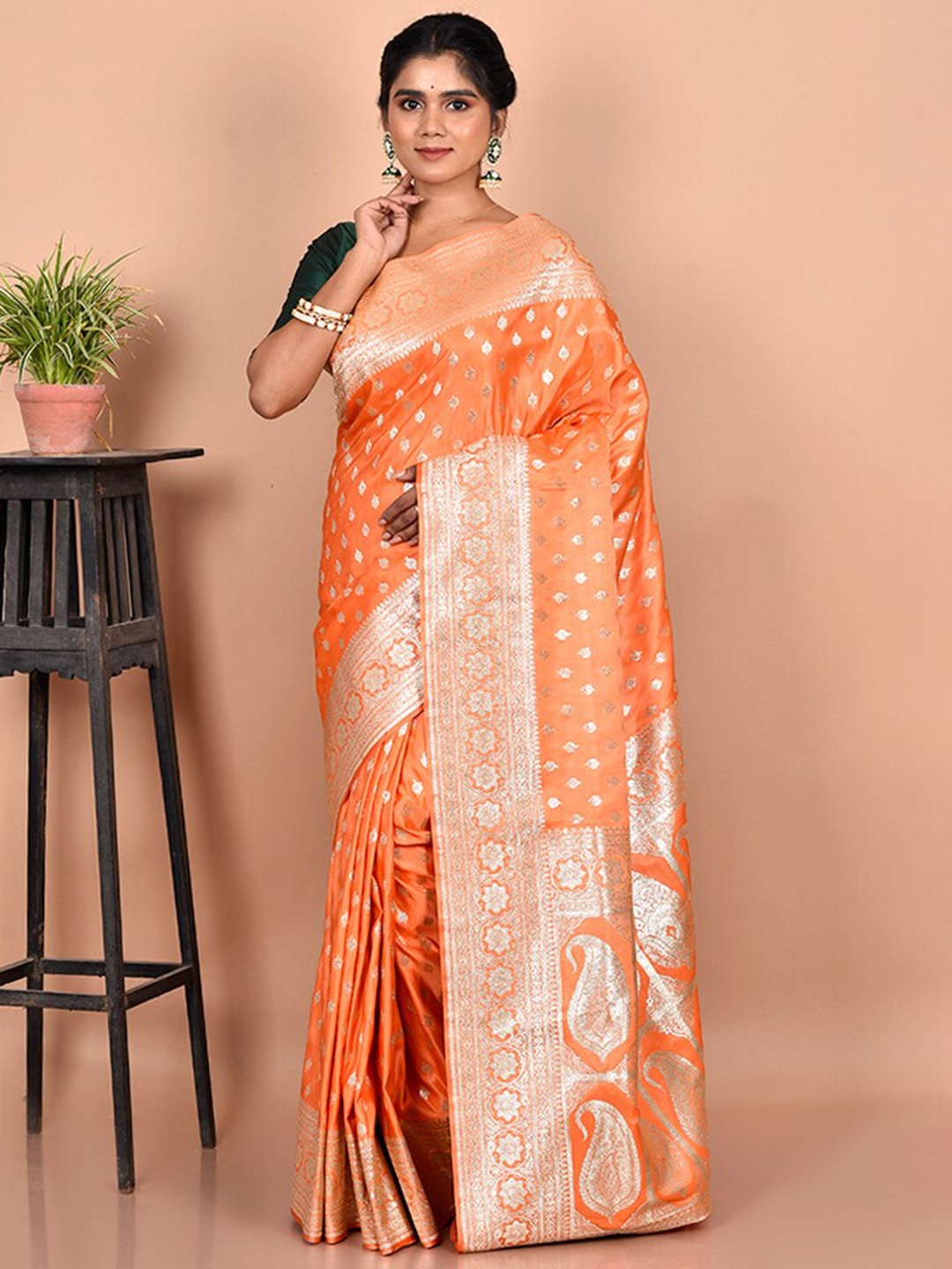 

AllSilks Rust & Silver-Toned Ethnic Motifs Zari Silk Blend Banarasi Saree