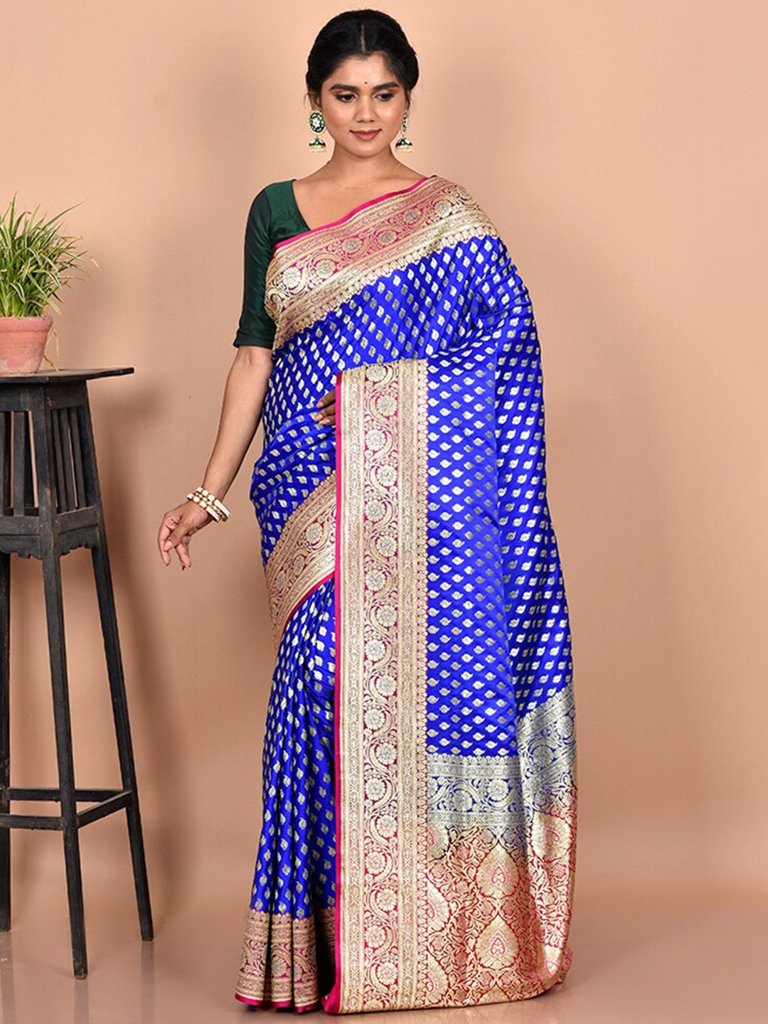 

AllSilks Blue & Pink Ethnic Motif Zari Silk Blend Banarasi Saree