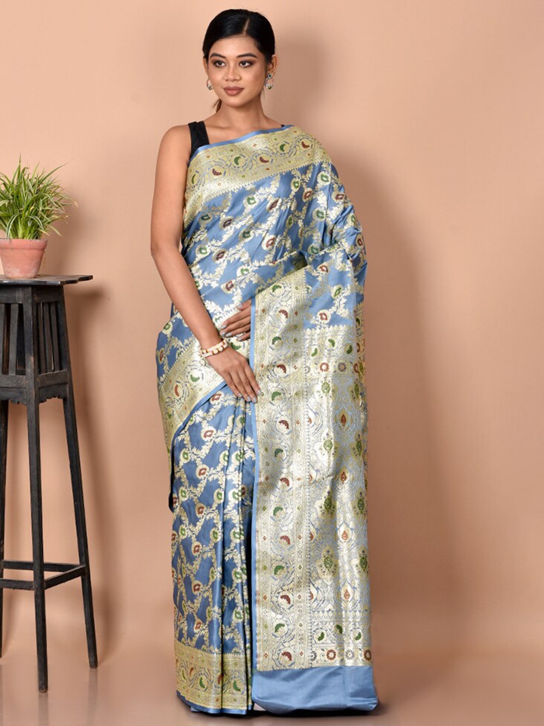 

AllSilks Grey & Green Floral Zari Silk Blend Banarasi Saree