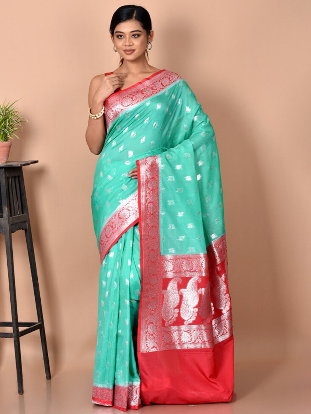 

AllSilks Green & Red Ethnic Motif Zari Saree