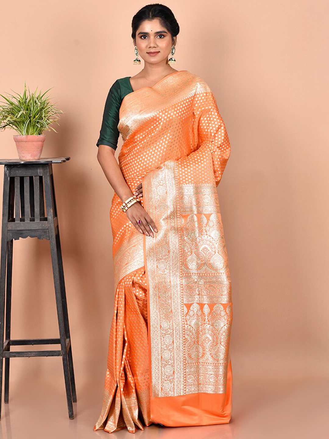 

AllSilks Peach & Gold-Toned Ethnic Motif Zari Silk Blend Banarasi Saree