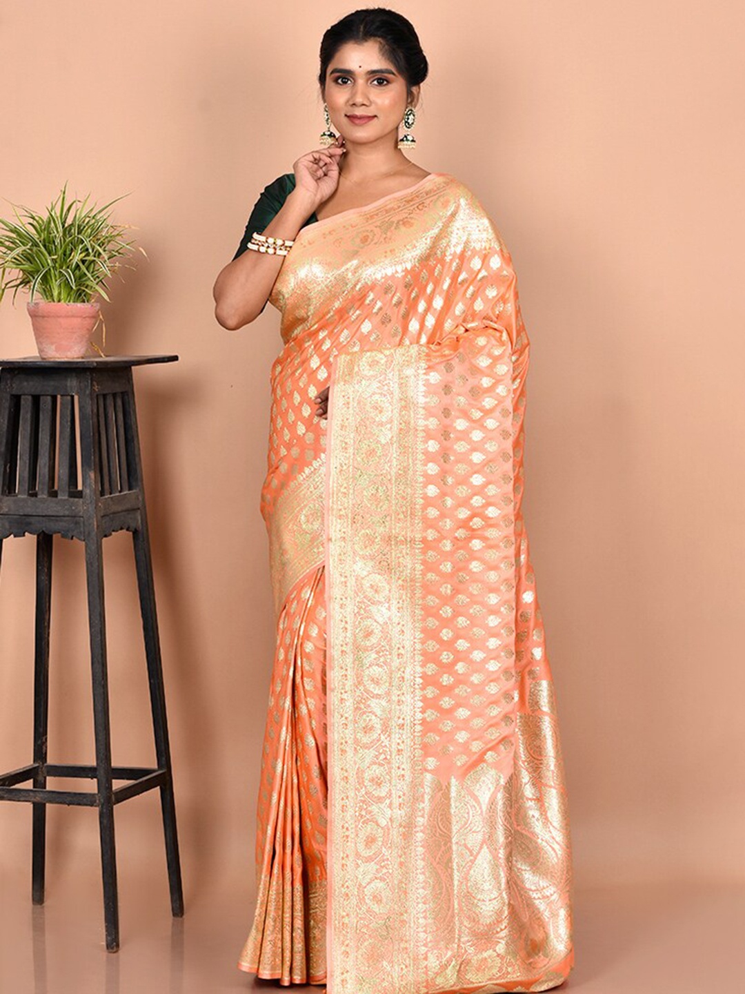 

AllSilks Peach-Coloured & Gold-Toned Ethnic Motif Zari Silk Blend Banarasi Saree