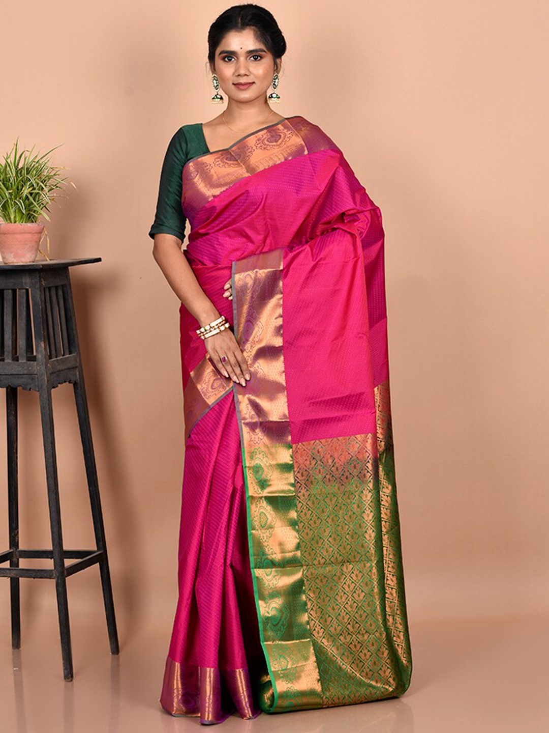 

AllSilks Pink & Green Ethnic Motif Zari Silk Blend Kanjeevaram Saree