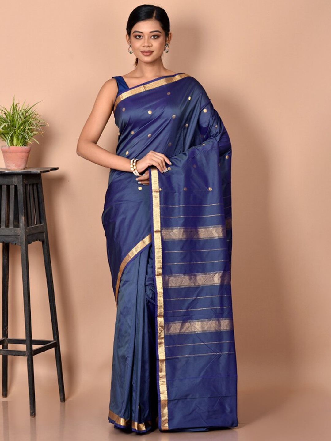

AllSilks Blue & Gold-Toned Striped Zari Silk Blend Kanjeevaram Saree