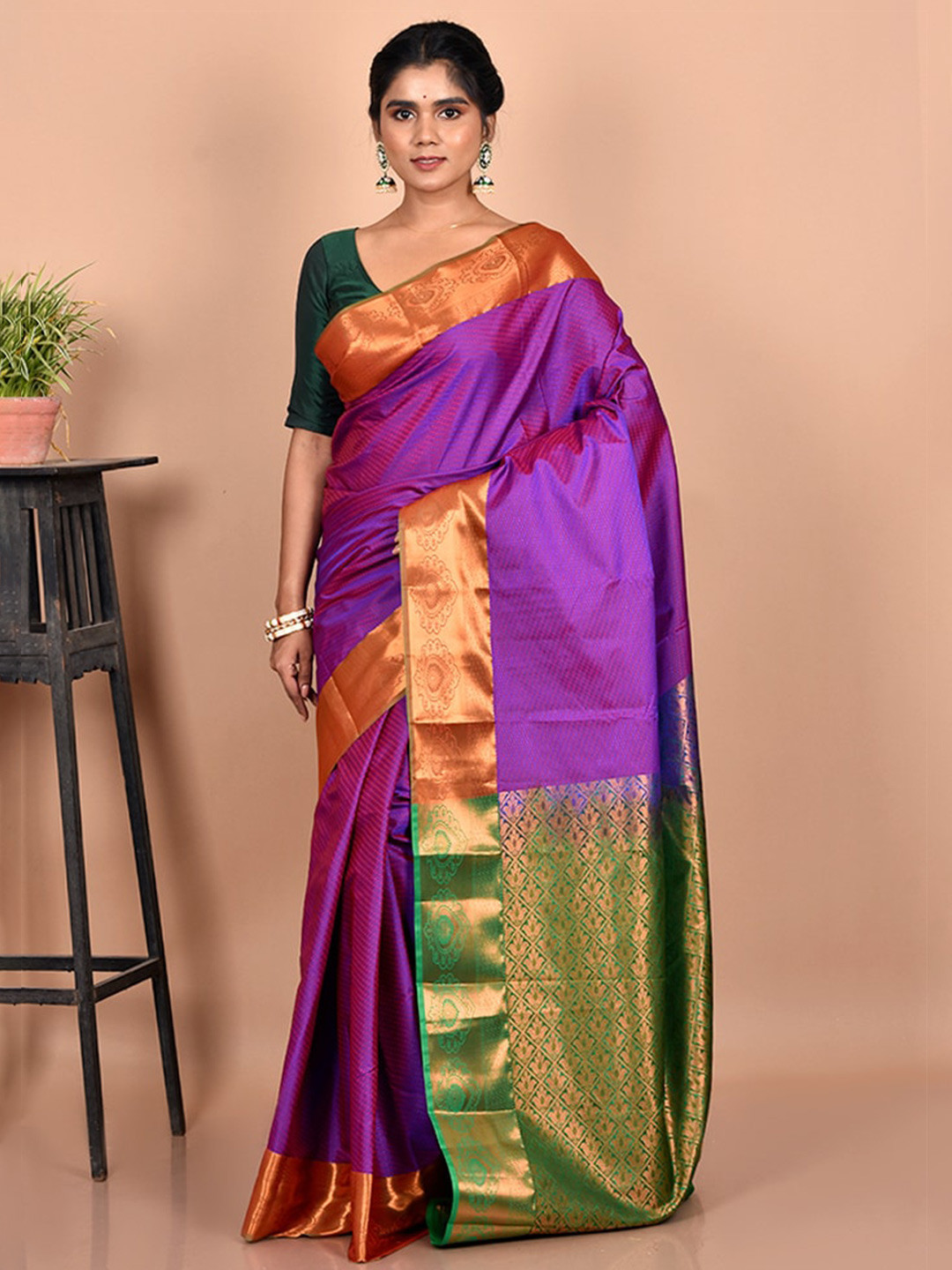 

AllSilks Purple & Green Woven Design Zari Silk Blend Kanjeevaram Saree