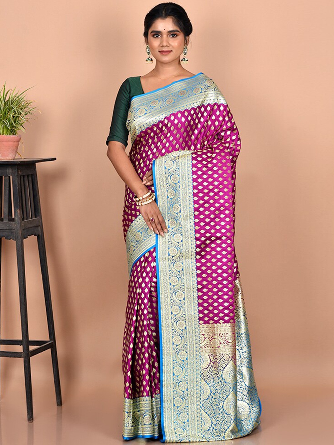 

AllSilks Purple & Blue Ethnic Motifs Zari Silk Blend Banarasi Saree