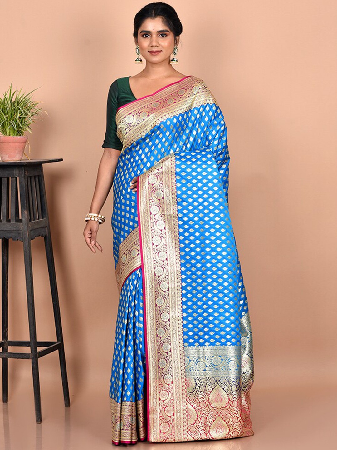 

AllSilks Blue & Red Ethnic Motifs Zari Silk Blend Banarasi Saree