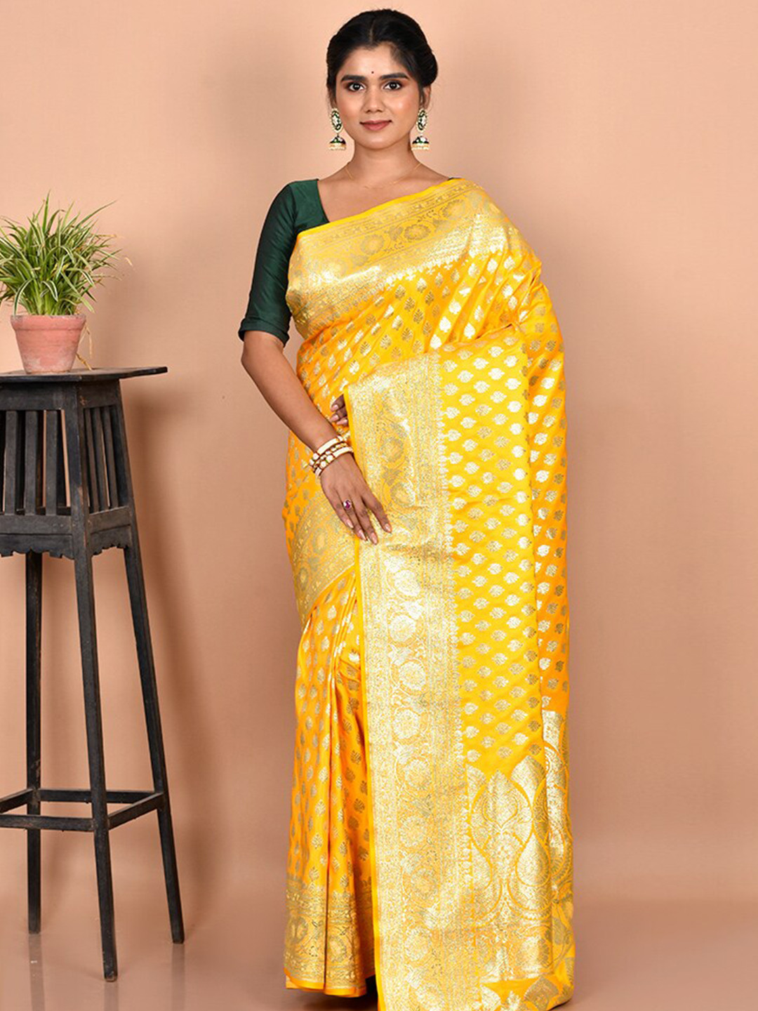 

AllSilks Yellow & Gold-Toned Ethnic Motifs Zari Silk Blend Banarasi Saree
