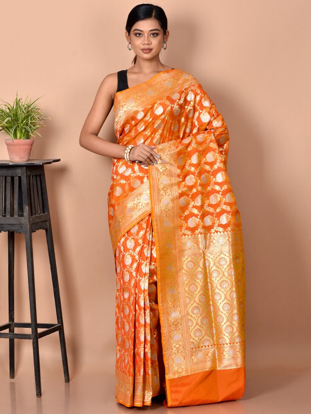 

AllSilks Orange & Gold-Toned Ethnic Motifs Zari Silk Blend Uppada Saree