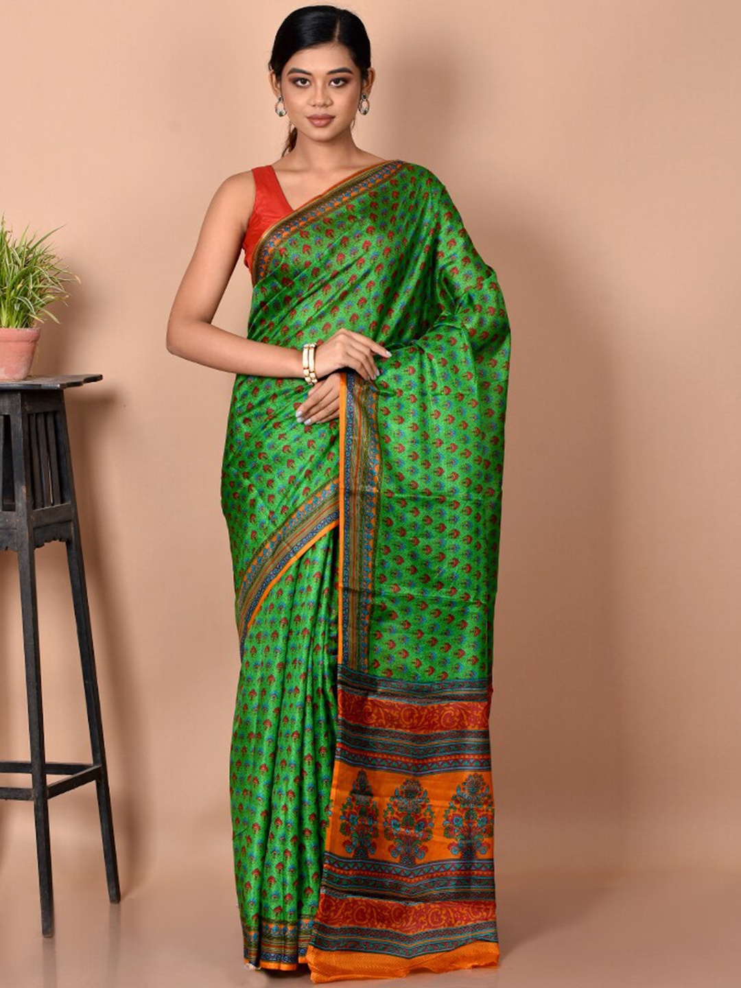 

AllSilks Green & Orange Ethnic Motifs Pure Silk Murshidabad silk Saree