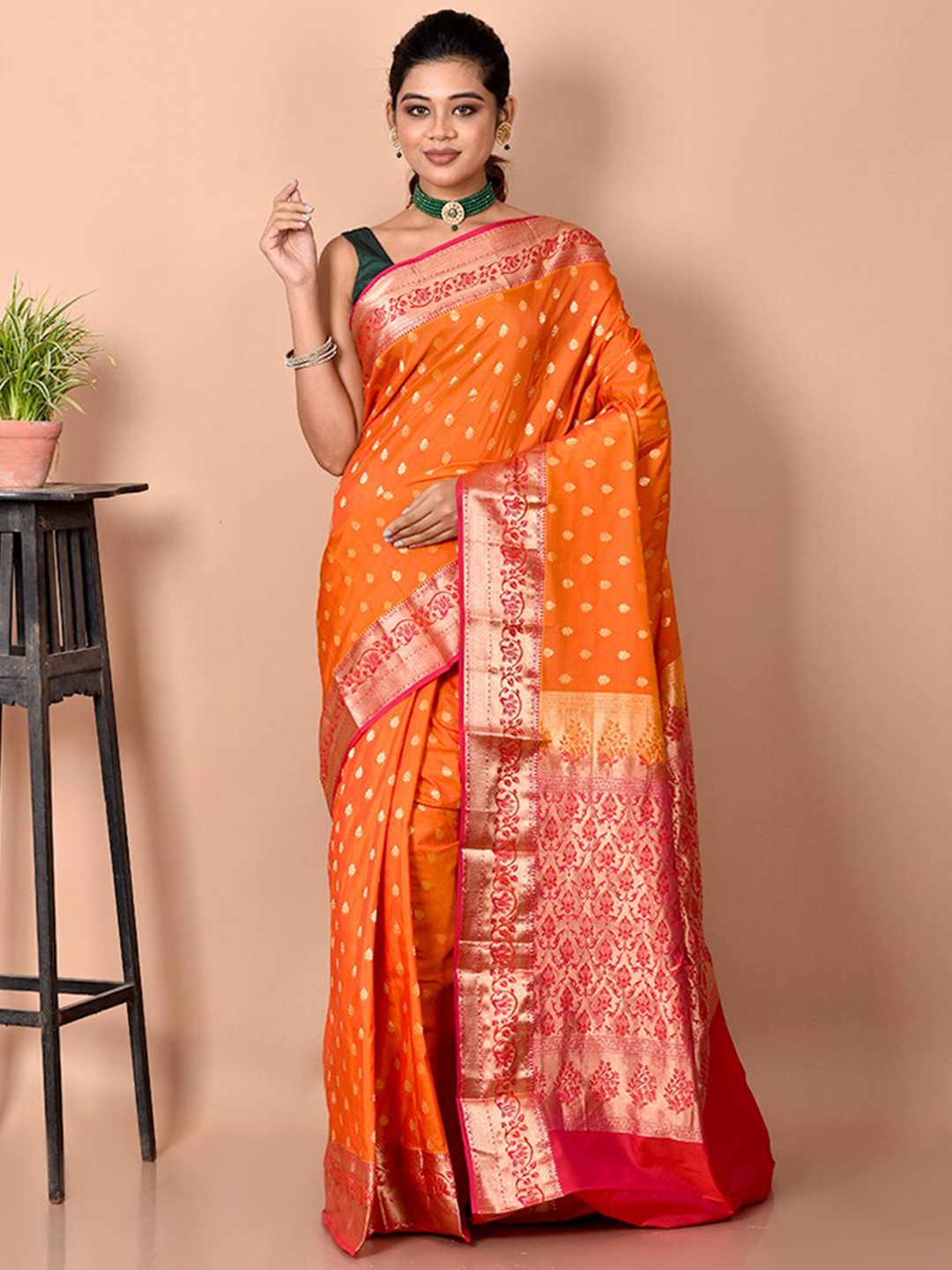 

AllSilks Rust & Pink Ethnic Motifs Zari Pure Silk Kanjeevaram Saree