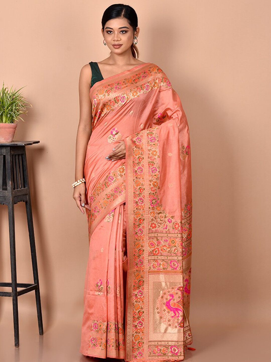 

AllSilks Cream-Coloured Ethnic Motifs Zari Silk Blend Saree