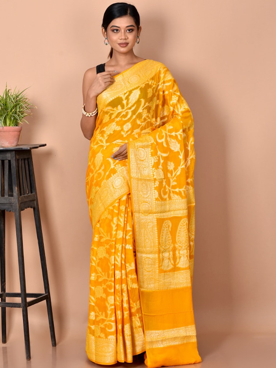 

AllSilks Yellow & White Ethnic Motifs Zari Saree