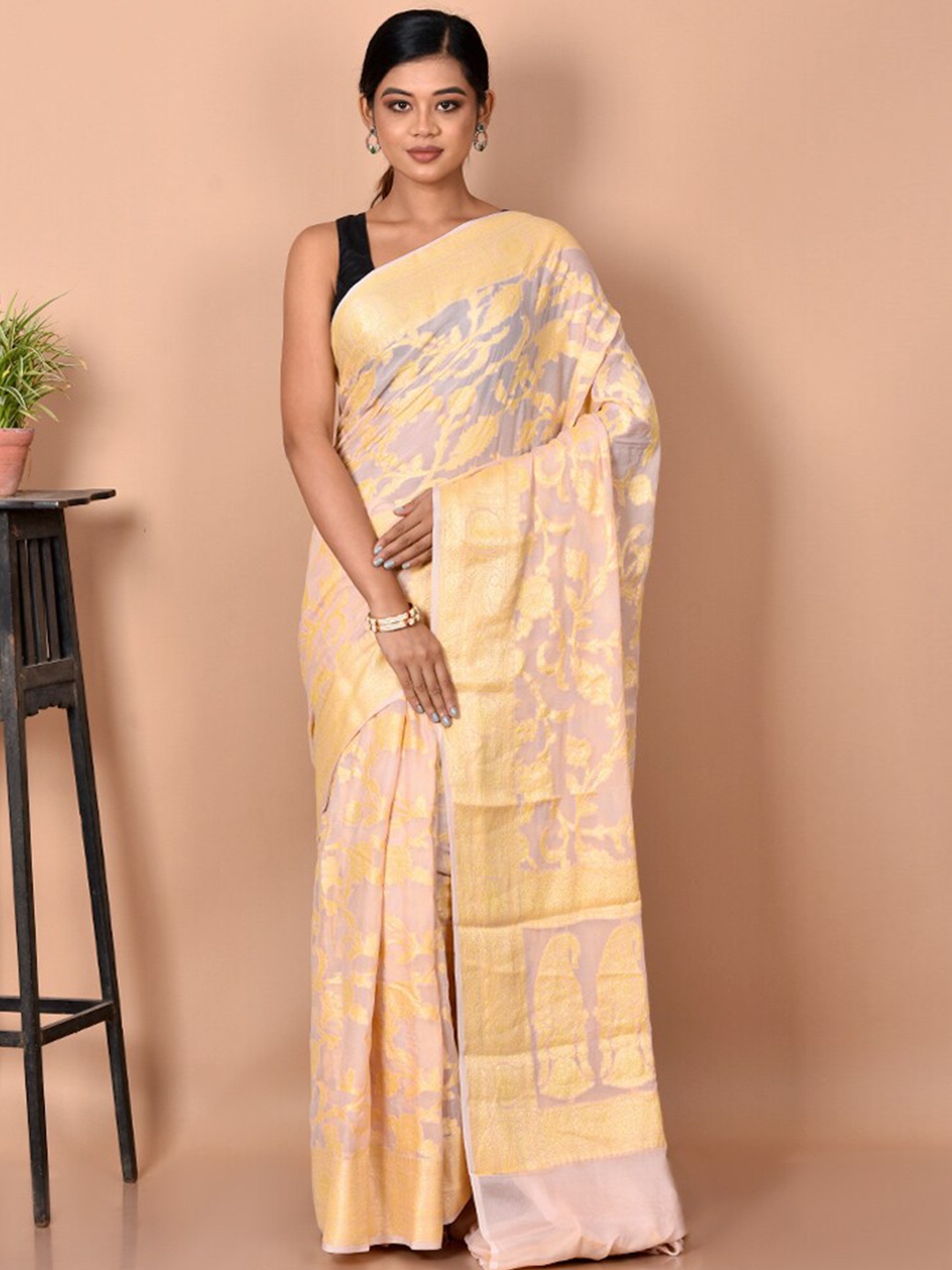 

AllSilks Cream-Coloured & Grey Woven Design Georgette Zari Saree