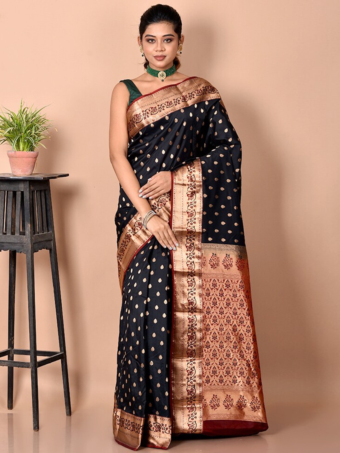 

AllSilks Black & Red Woven Design Zari Pure Silk Kanjeevaram Saree