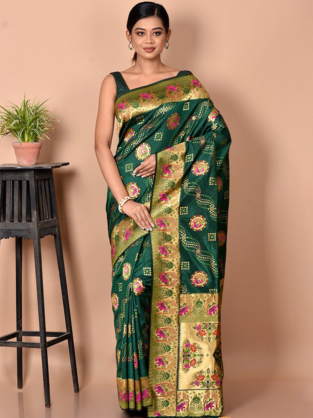 

AllSilks Green & Pink Woven Design Zari Silk Blend Saree