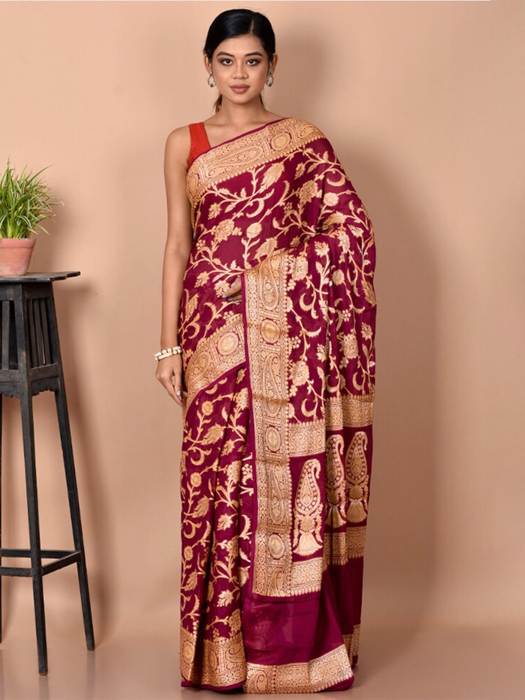 

AllSilks Purple & Gold-Toned Woven Design Georgette Zari Saree