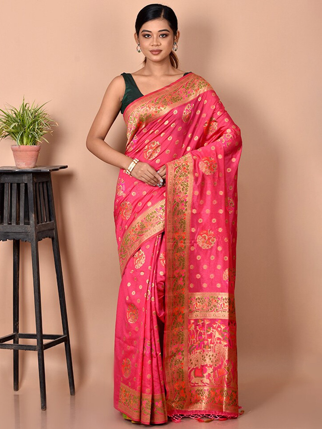

AllSilks Pink & Gold-Toned Woven Design Zari Silk Blend Saree