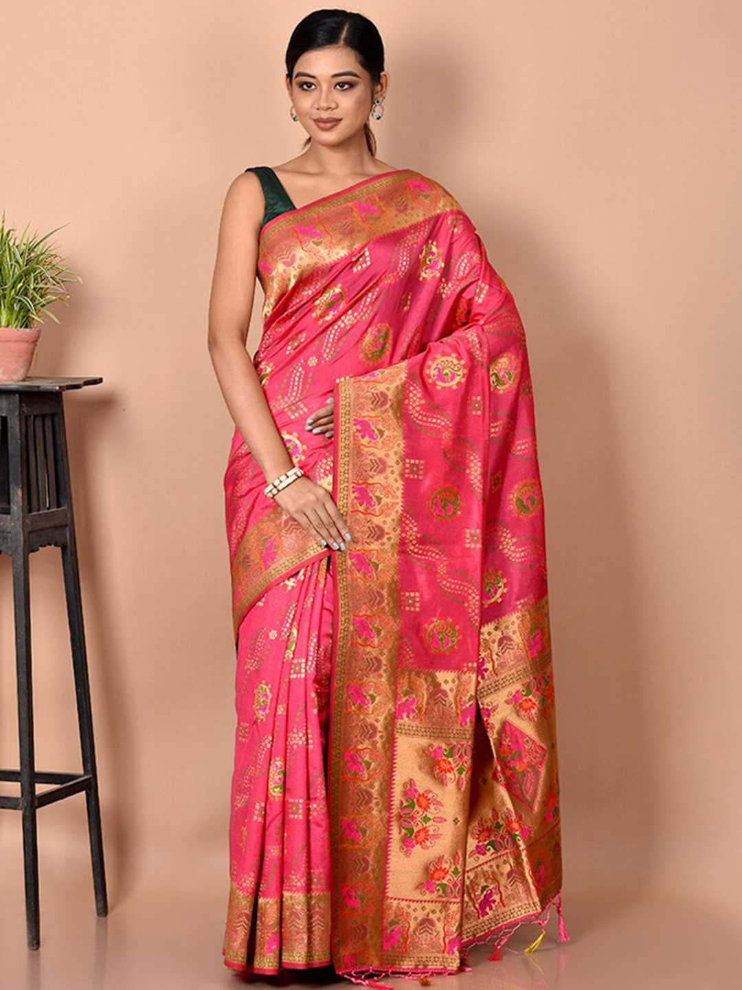 

AllSilks Pink & Gold-Toned Woven Design Zari Silk Blend Saree