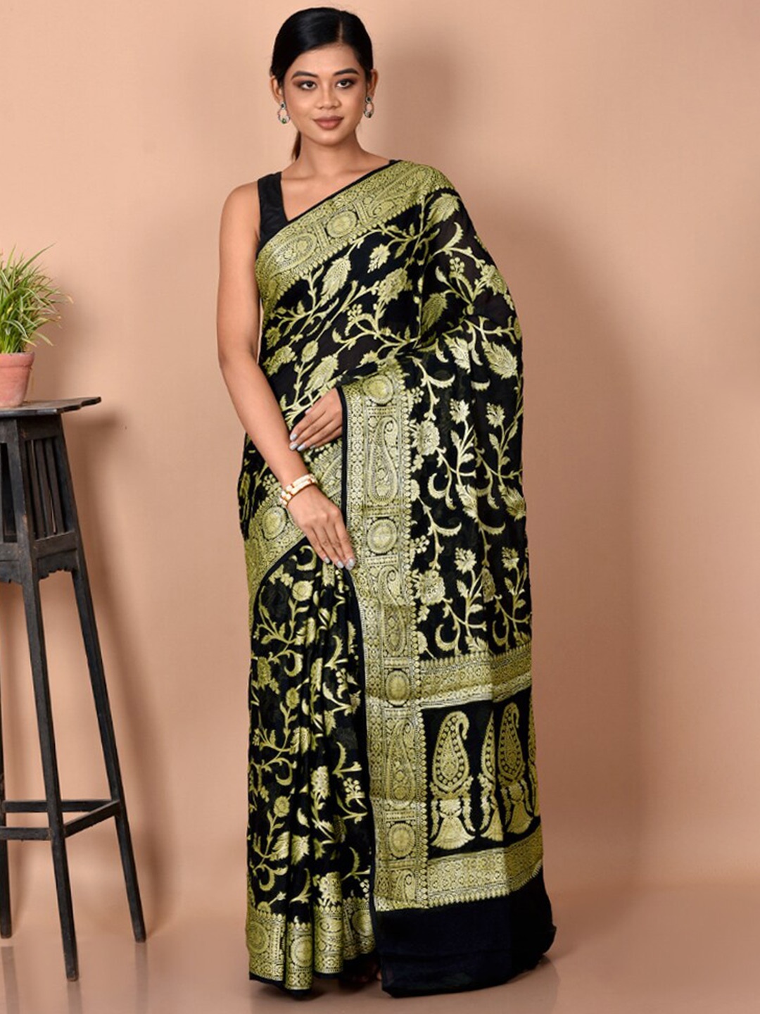 

AllSilks Black & Gold-Toned Woven Design Georgette Zari Saree