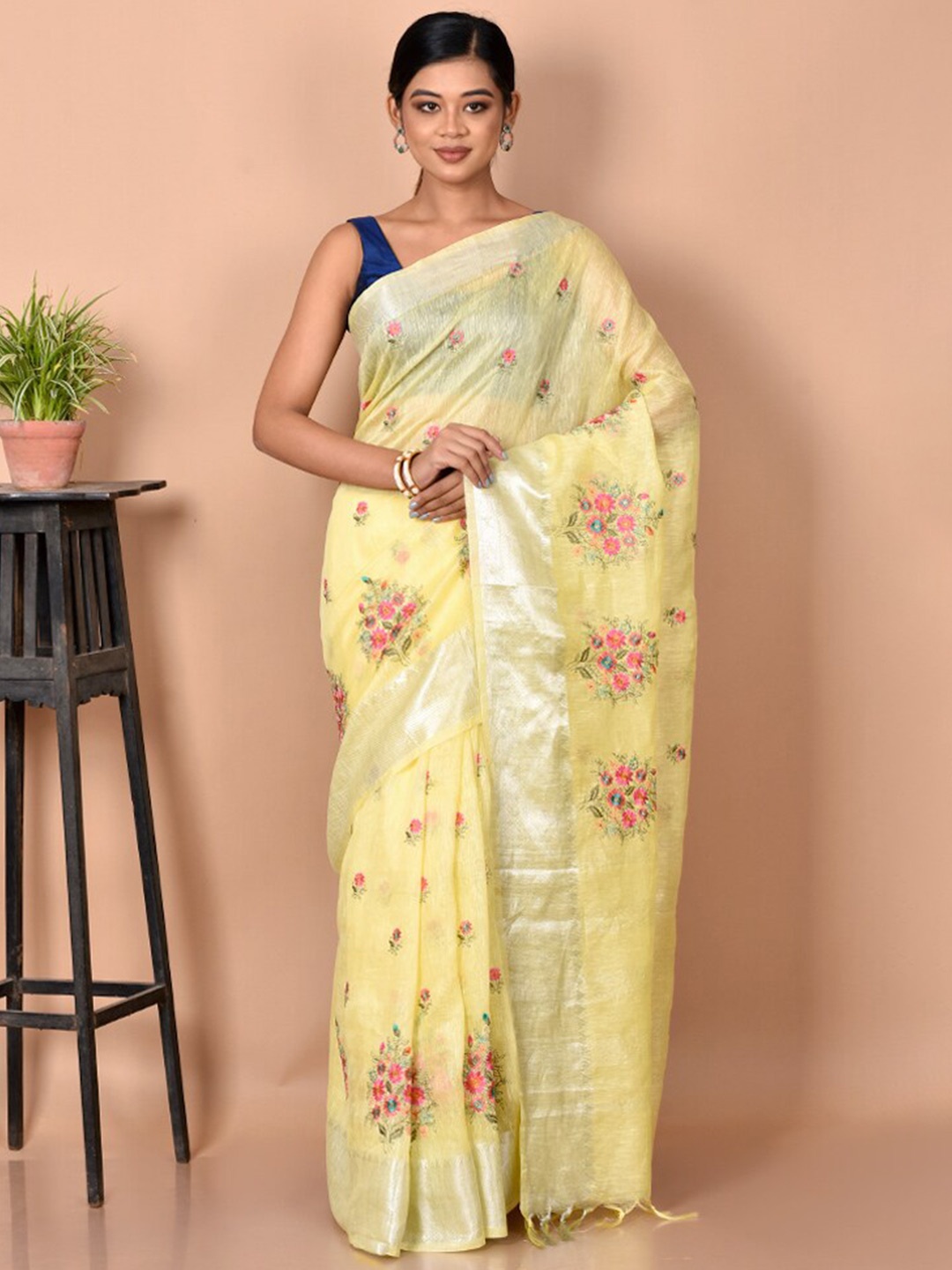 

AllSilks Yellow & Pink Floral Zari Linen Silk Blend Saree