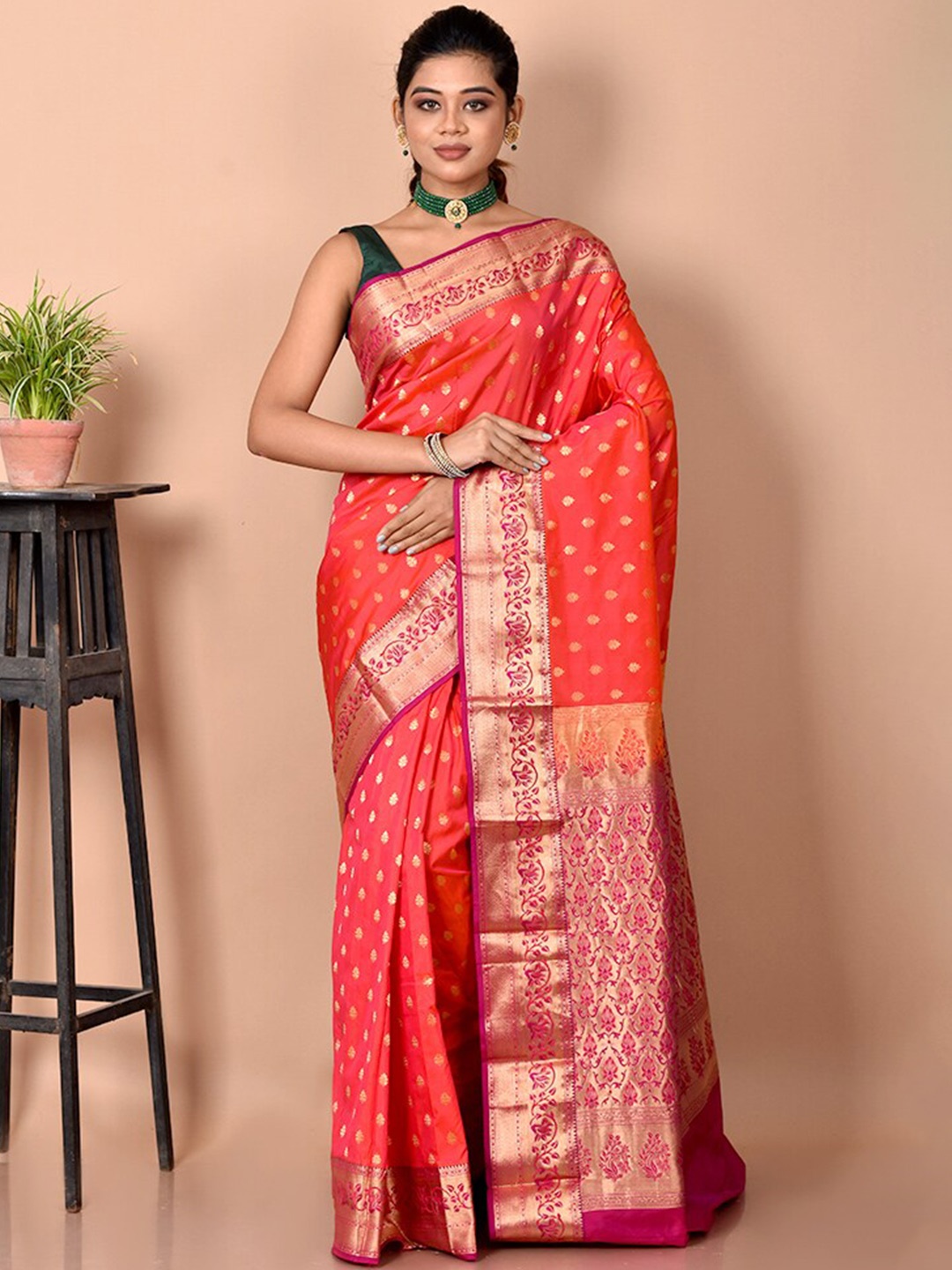 

AllSilks Pink & Orange Woven Design Zari Pure Silk Kanjeevaram Saree
