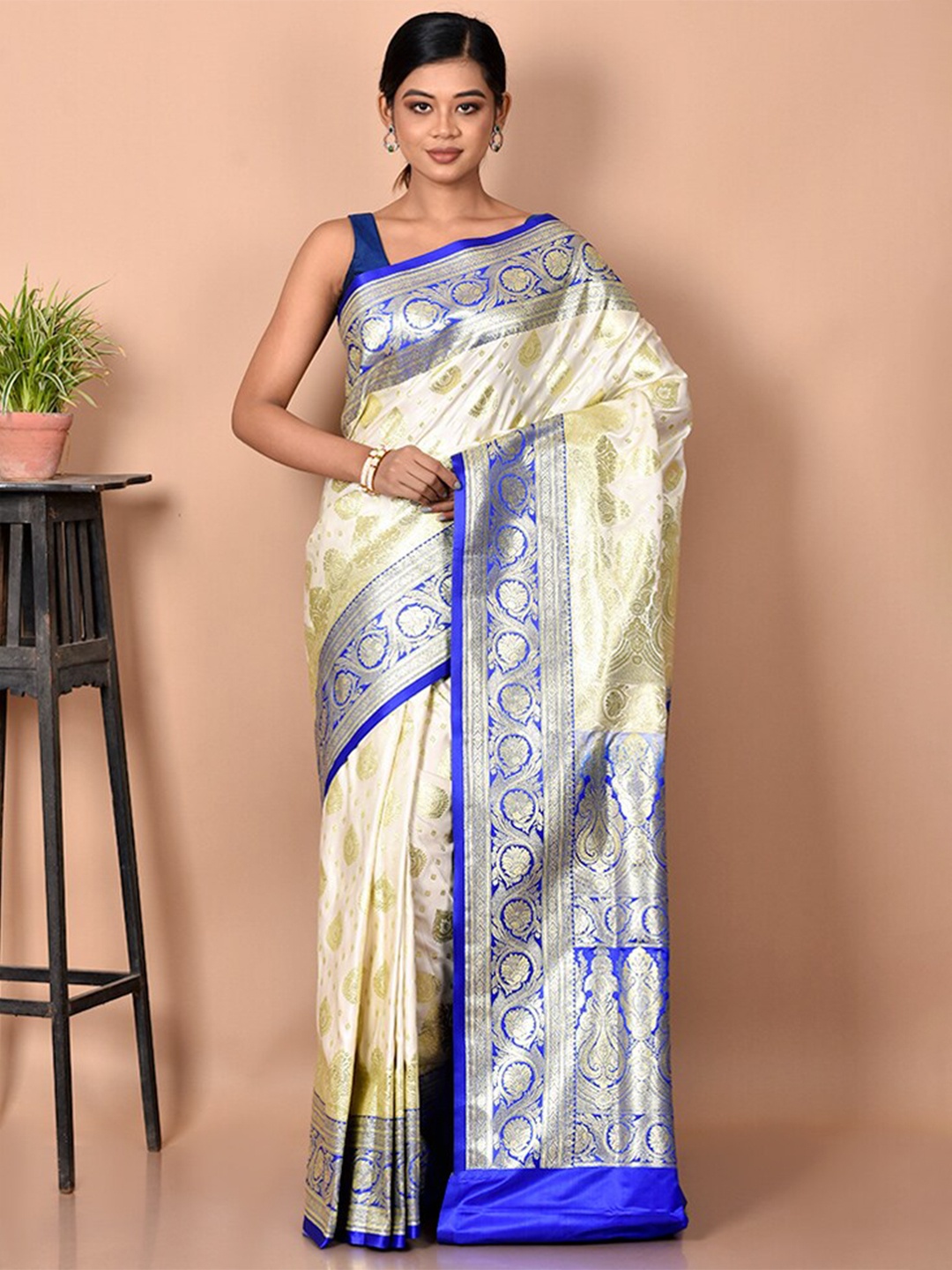 

AllSilks White & Blue Woven Design Zari Silk Blend Banarasi Saree