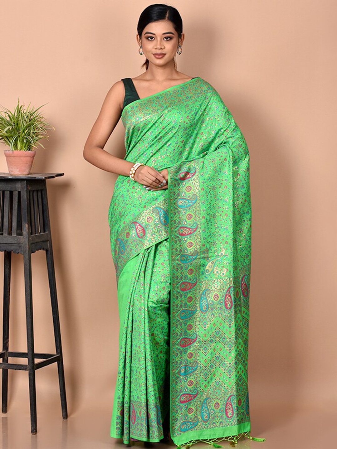 

AllSilks Green & Pink Floral Zari Silk Blend Saree