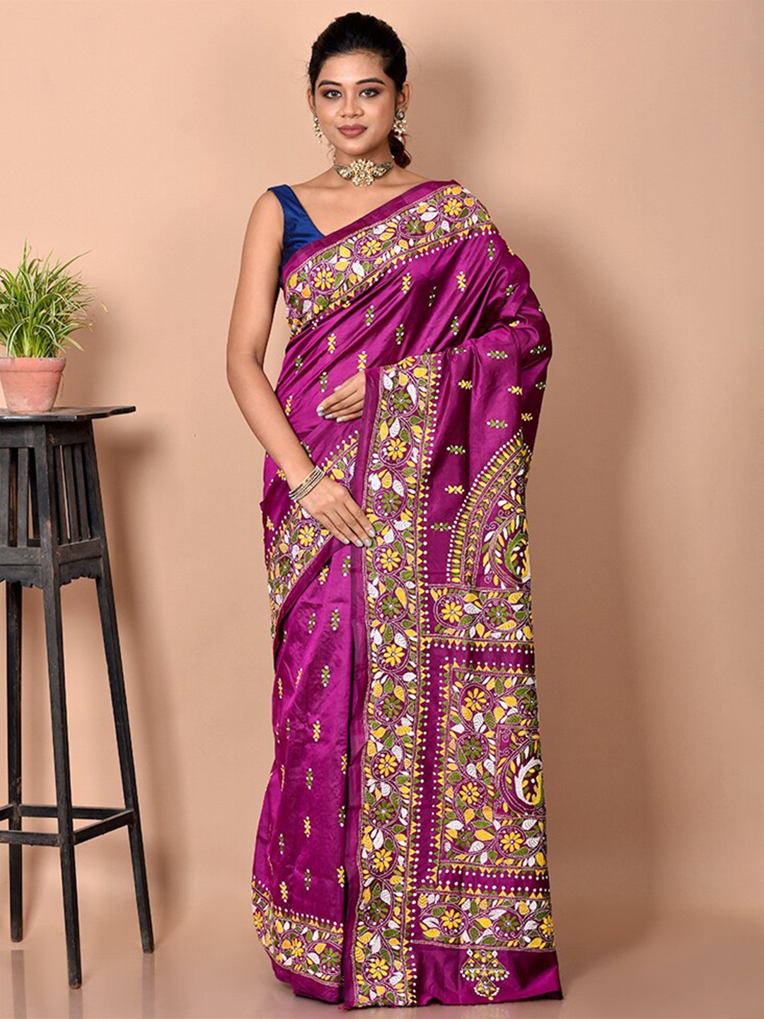 

AllSilks Purple & Yellow Floral Kantha Work Pure Silk Saree