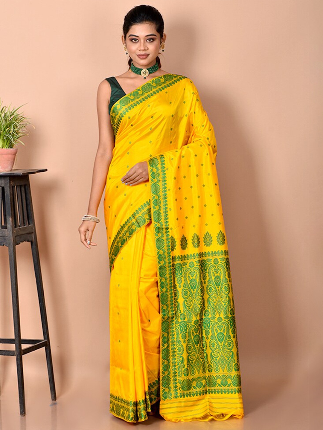

AllSilks Yellow & Green Woven Design Zari Pure Silk Saree