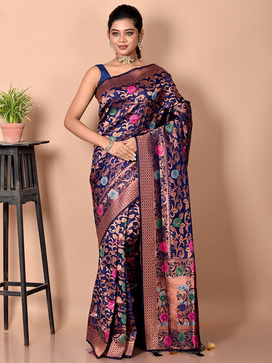 

AllSilks Blue & Pink Woven Design Zari Silk Blend Saree