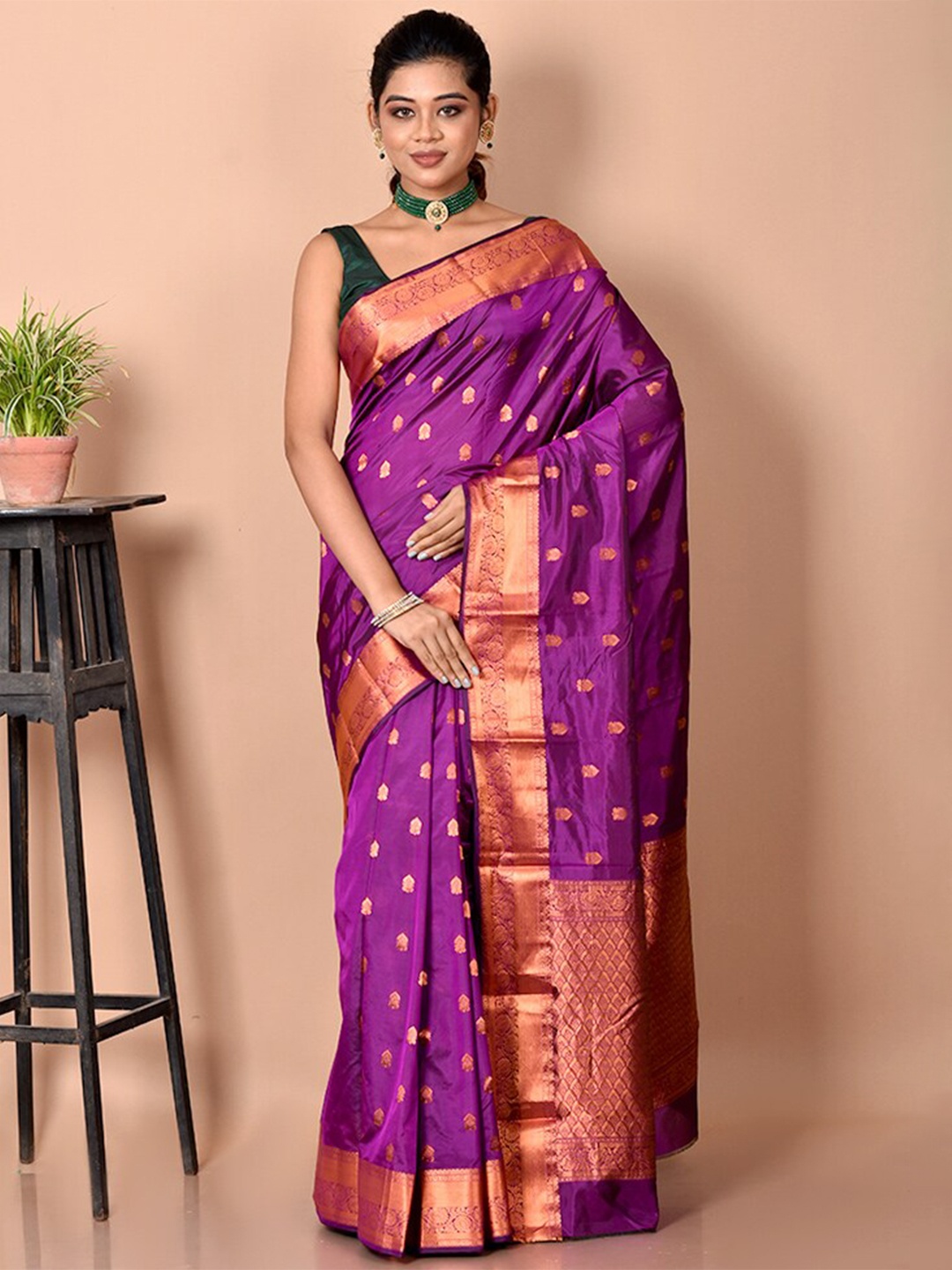 

AllSilks Purple & Gold-Toned Woven Design Zari Pure Silk Kanjeevaram Saree