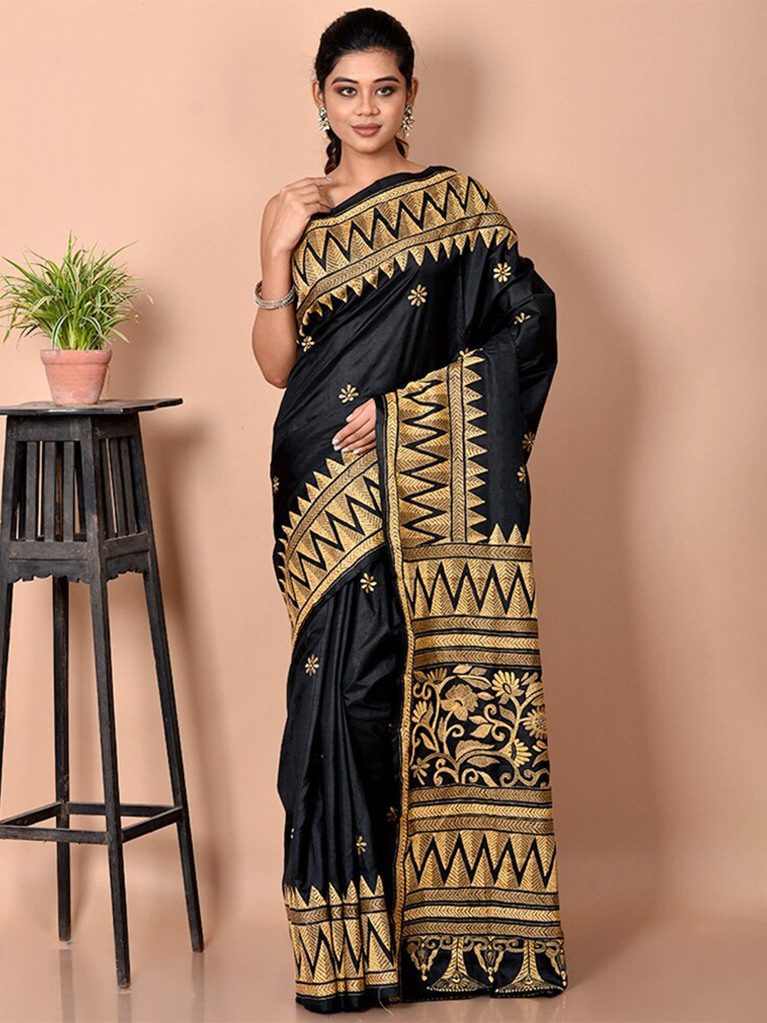 

AllSilks Black & Gold-Toned Floral Kantha Work Pure Silk Saree