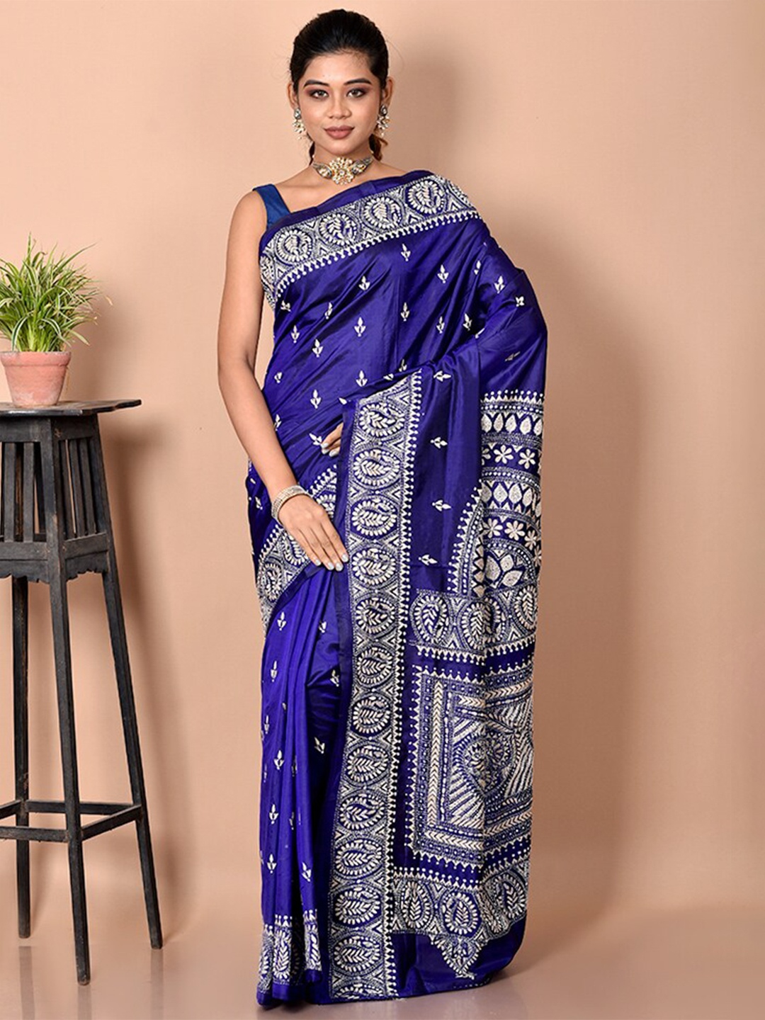 

AllSilks Blue & White Ethnic Motifs Kantha Work Pure Silk Saree
