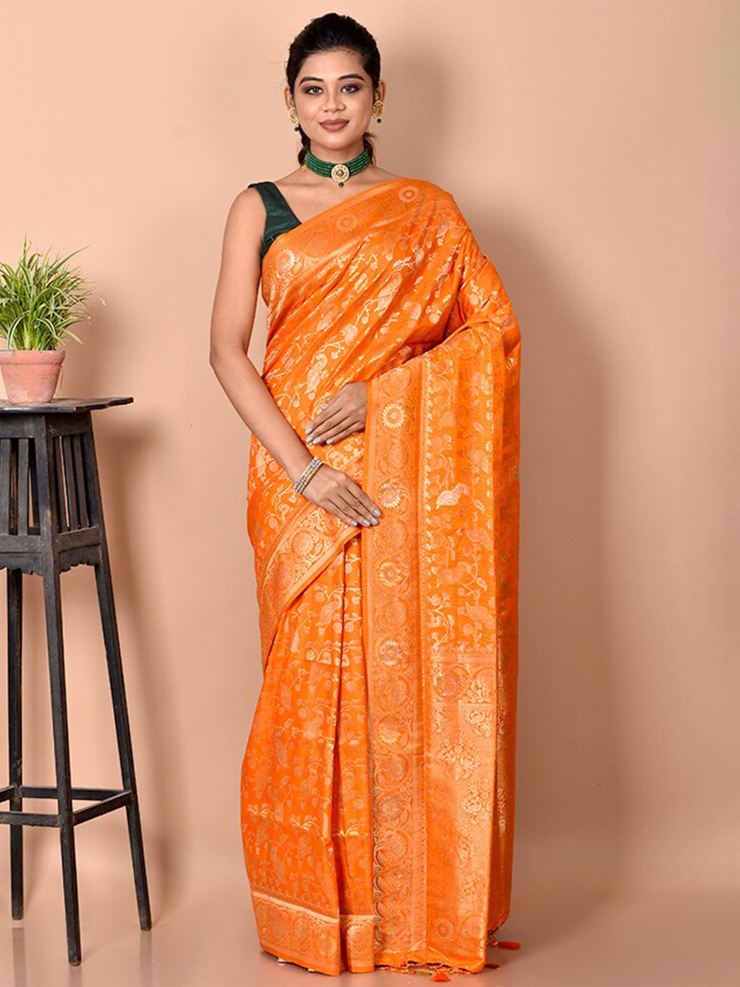 

AllSilks Rust Orange & Gold-Toned Woven Design Zari Silk Blend Saree