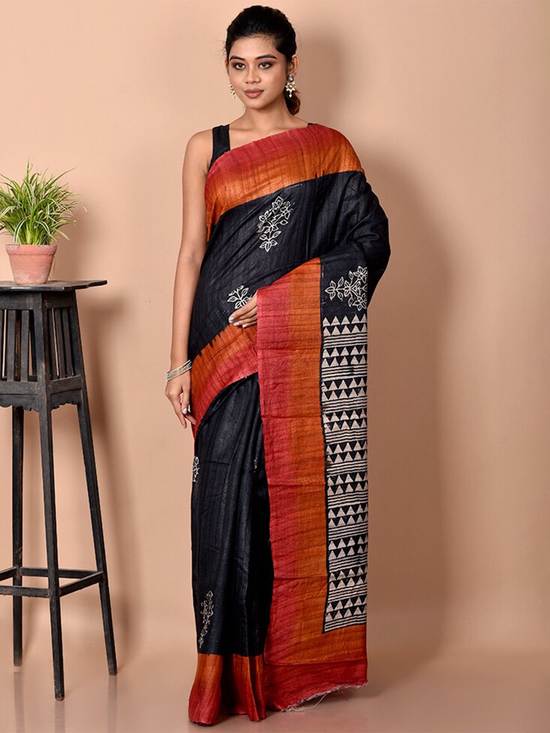 

AllSilks Black & Orange Floral Silk Blend Tussar Saree