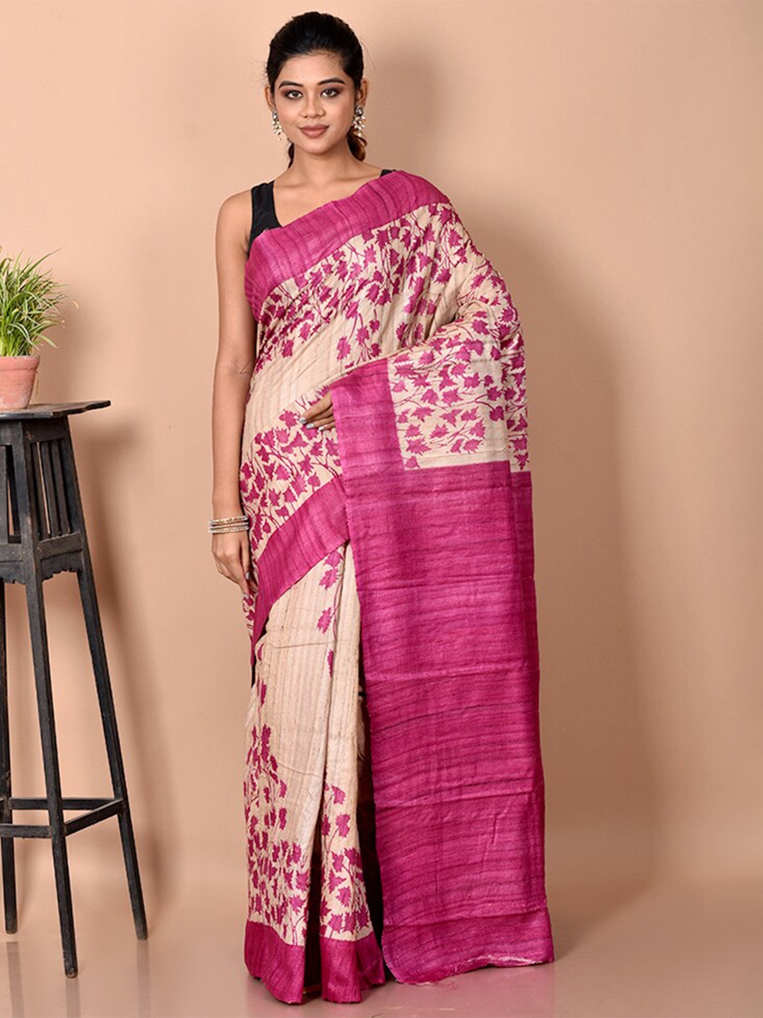 

AllSilks Cream-Coloured & Pink Floral Silk Blend Tussar Saree